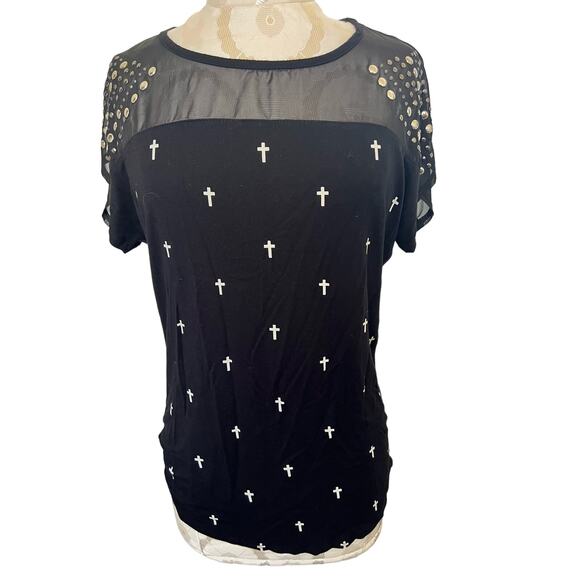 Vocal Cross Short Sleeve Top with Sheer Upper Layer + Studded Sleeves Small - Picture 1 of 8